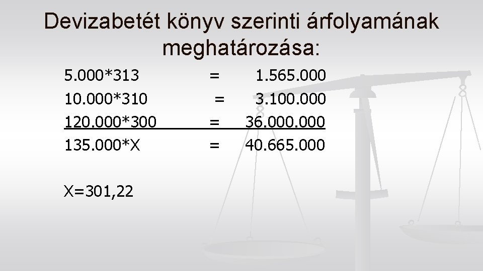 Devizabetét könyv szerinti árfolyamának meghatározása: 5. 000*313 10. 000*310 120. 000*300 135. 000*X X=301,