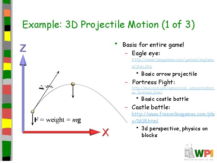 Example: 3 D Projectile Motion (1 of 3) • Basis for entire game! –