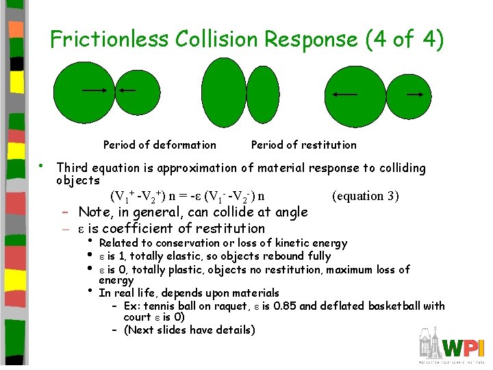 Frictionless Collision Response (4 of 4) • Period of deformation Period of restitution Third