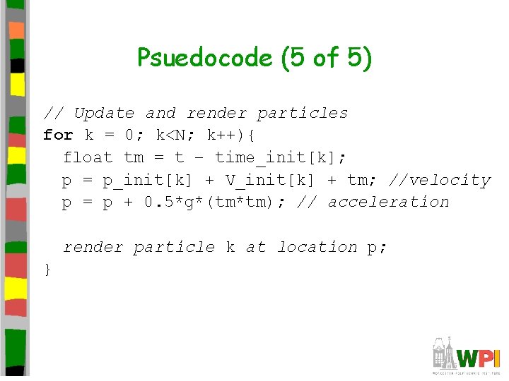 Psuedocode (5 of 5) // Update and render particles for k = 0; k<N;