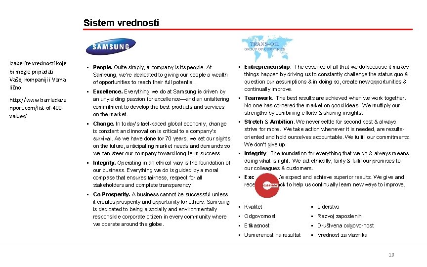 Sistem vrednosti Izaberite vrednosti koje bi mogle pripadati Vašoj kompaniji i Vama lično http: