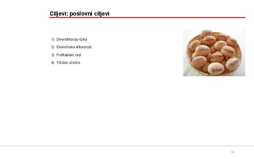 Ciljevi: poslovni ciljevi 1) Diversifikacija rizika 2) Ekonomska efikasnost 3) Profitabilan rast 4) Tržišno