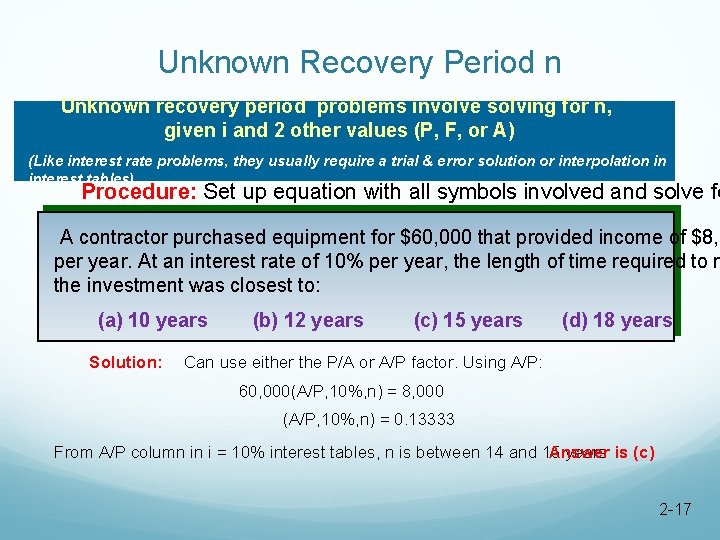 Unknown Recovery Period n Unknown recovery period problems involve solving for n, given i