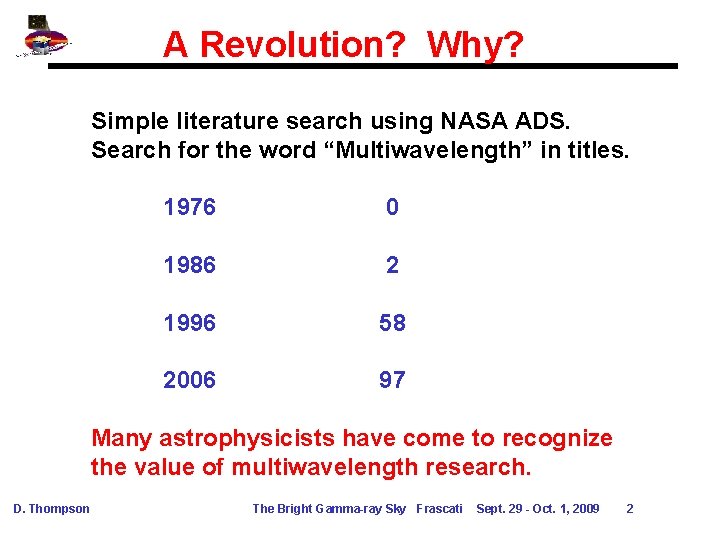 A Revolution? Why? Simple literature search using NASA ADS. Search for the word “Multiwavelength” A Revolution? Why? Simple literature search using NASA ADS. Search for the word “Multiwavelength”