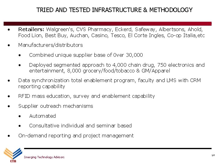 TRIED AND TESTED INFRASTRUCTURE & METHODOLOGY • Retailers: Walgreen's, CVS Pharmacy, Eckerd, Safeway, Albertsons,