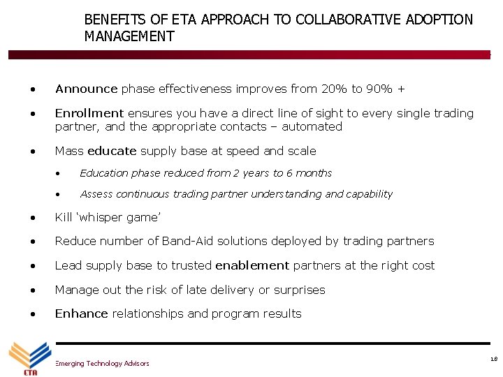 BENEFITS OF ETA APPROACH TO COLLABORATIVE ADOPTION MANAGEMENT • Announce phase effectiveness improves from