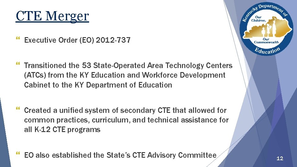 CTE Merger } Executive Order (EO) 2012 -737 } Transitioned the 53 State-Operated Area CTE Merger } Executive Order (EO) 2012 -737 } Transitioned the 53 State-Operated Area