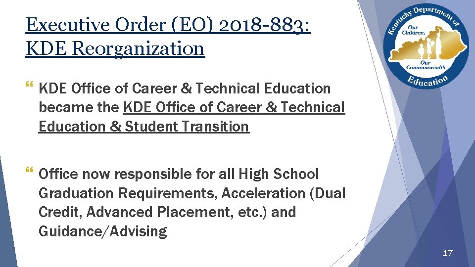 Executive Order (EO) 2018 -883: KDE Reorganization } KDE Office of Career & Technical Executive Order (EO) 2018 -883: KDE Reorganization } KDE Office of Career & Technical