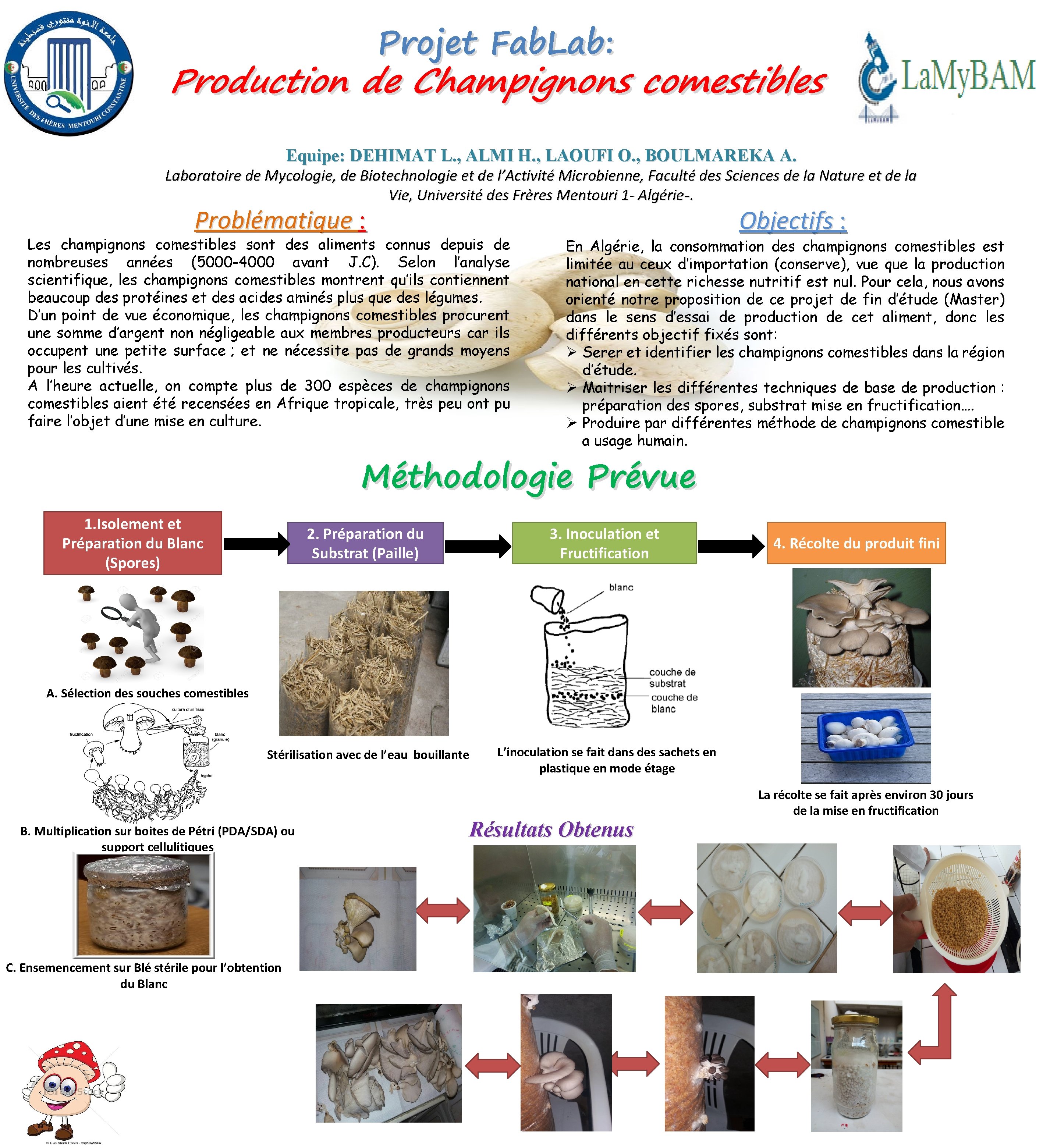 Projet Fab. Lab: Production de Champignons comestibles Equipe: DEHIMAT L. , ALMI H. ,