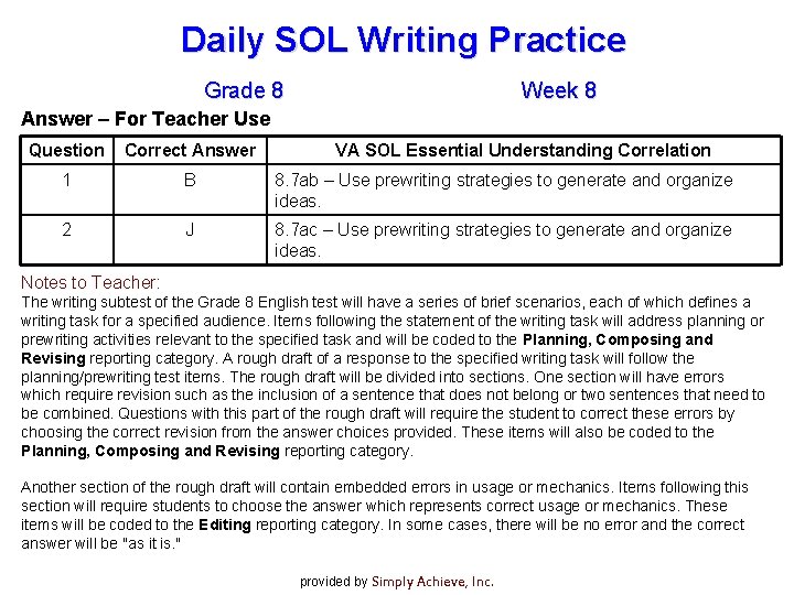 Daily SOL Writing Practice Grade 8 Week 8 Answer – For Teacher Use Question