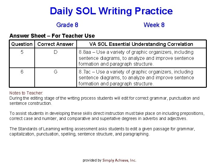Daily SOL Writing Practice Grade 8 Week 8 Answer Sheet – For Teacher Use