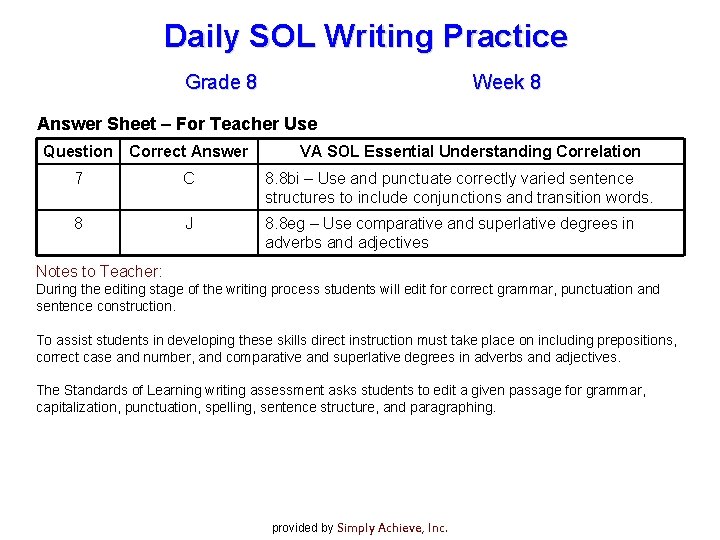 Daily SOL Writing Practice Grade 8 Week 8 Answer Sheet – For Teacher Use