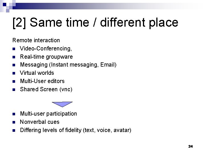 [2] Same time / different place Remote interaction n Video-Conferencing, n Real-time groupware n