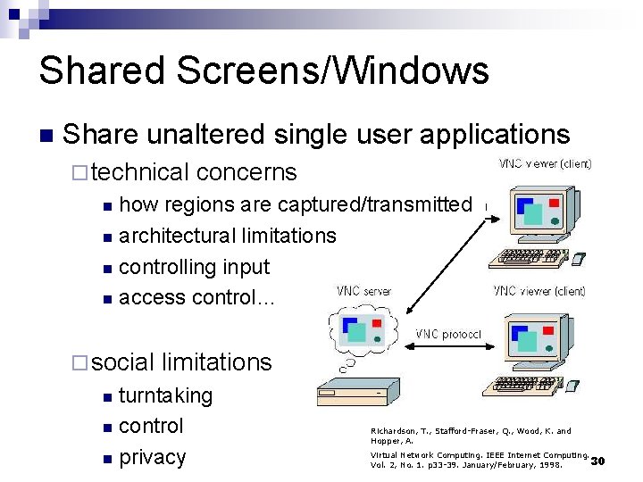 Shared Screens/Windows n Share unaltered single user applications ¨ technical concerns how regions are