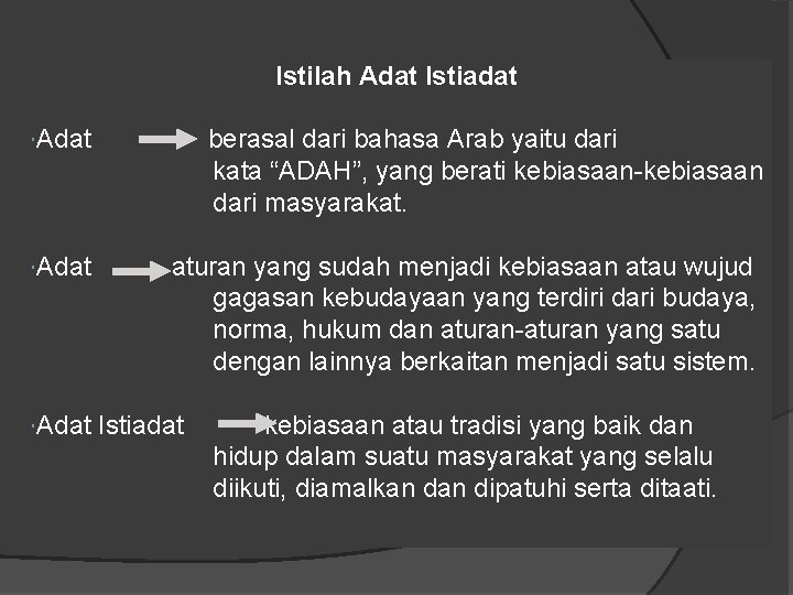 Istilah Adat Istiadat Adat berasal dari bahasa Arab yaitu dari kata “ADAH”, yang berati