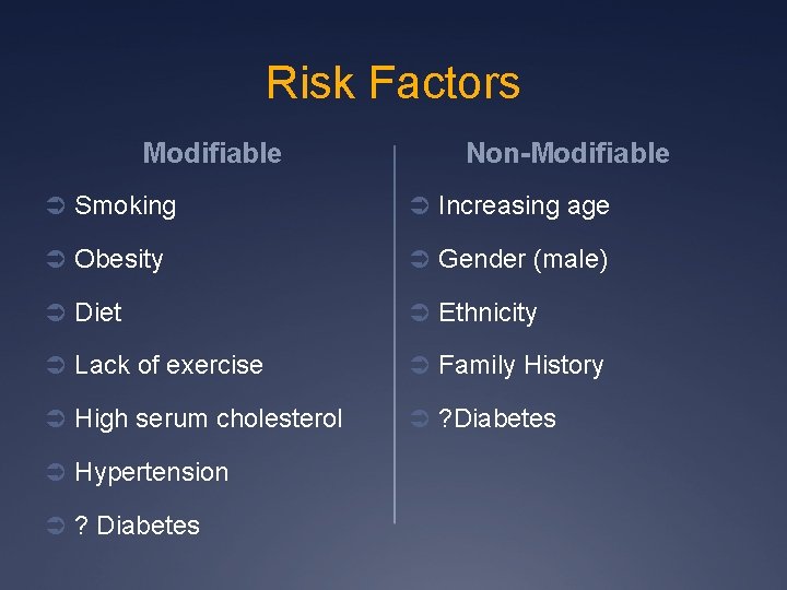 Risk Factors Modifiable Non-Modifiable Ü Smoking Ü Increasing age Ü Obesity Ü Gender (male)