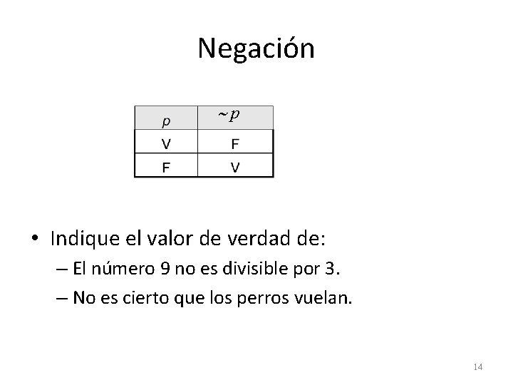 Negación p • Indique el valor de verdad de: – El número 9 no