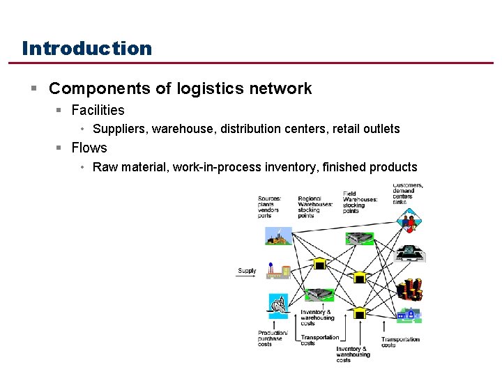 Introduction § Components of logistics network § Facilities • Suppliers, warehouse, distribution centers, retail Introduction § Components of logistics network § Facilities • Suppliers, warehouse, distribution centers, retail