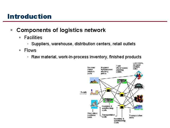 Introduction § Components of logistics network § Facilities • Suppliers, warehouse, distribution centers, retail