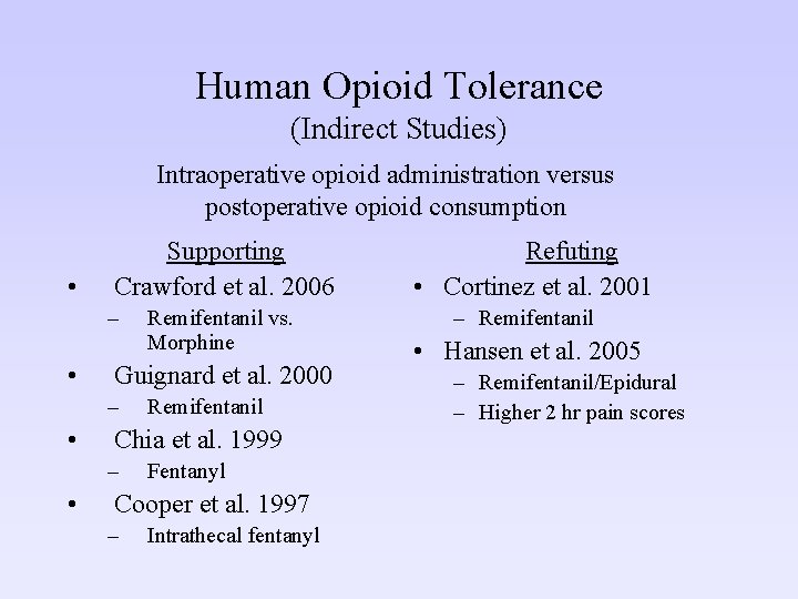 Human Opioid Tolerance (Indirect Studies) Intraoperative opioid administration versus postoperative opioid consumption • Supporting