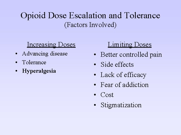 Opioid Dose Escalation and Tolerance (Factors Involved) Increasing Doses • Advancing disease • Tolerance