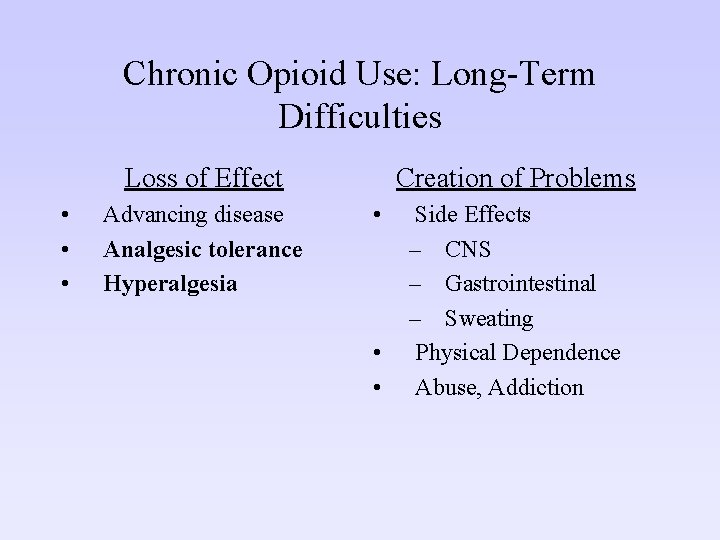Chronic Opioid Use: Long-Term Difficulties Loss of Effect • • • Advancing disease Analgesic