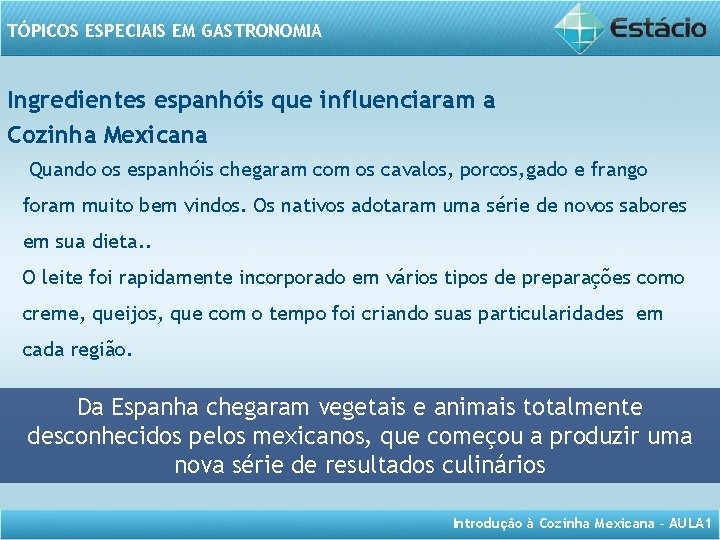 TÓPICOS ESPECIAIS EM GASTRONOMIA Ingredientes espanhóis que influenciaram a Cozinha Mexicana Quando os espanhóis