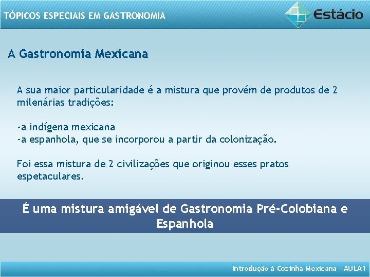 TÓPICOS ESPECIAIS EM GASTRONOMIA A Gastronomia Mexicana A sua maior particularidade é a mistura