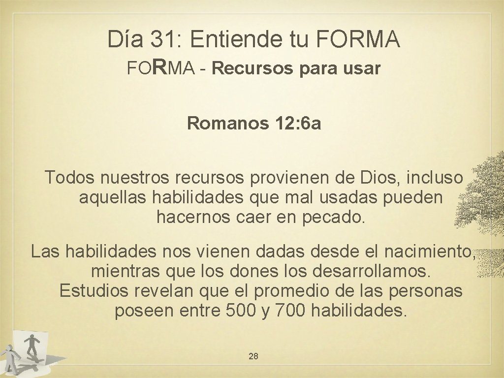 Día 31: Entiende tu FORMA - Recursos para usar Romanos 12: 6 a Todos