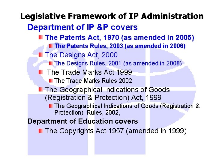 Legislative Framework of IP Administration Department of IP &P covers The Patents Act, 1970