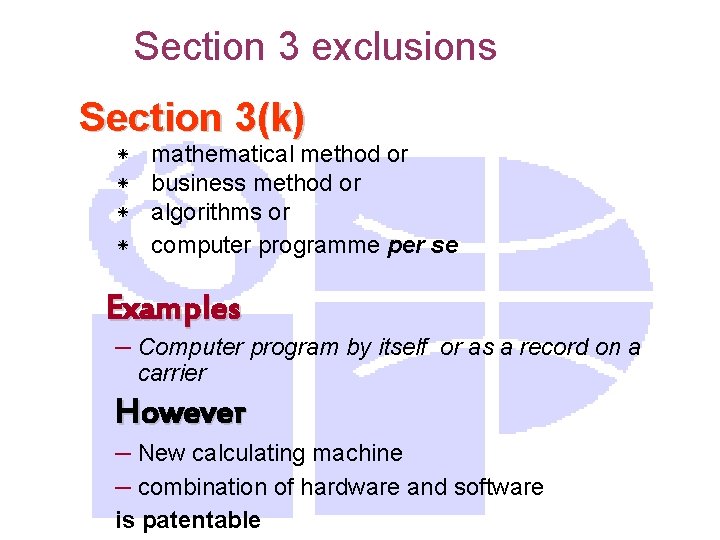Section 3 exclusions Section 3(k) * * mathematical method or business method or algorithms