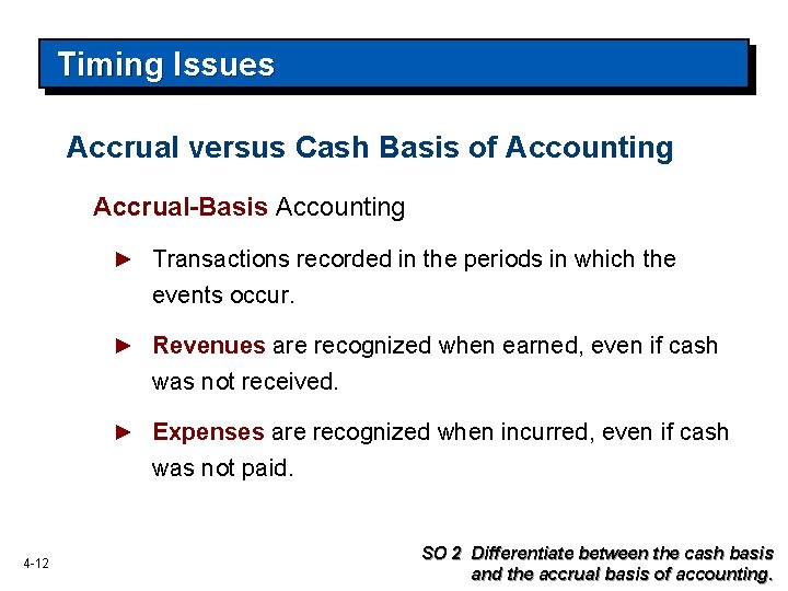 Timing Issues Accrual versus Cash Basis of Accounting Accrual-Basis Accounting ► Transactions recorded in