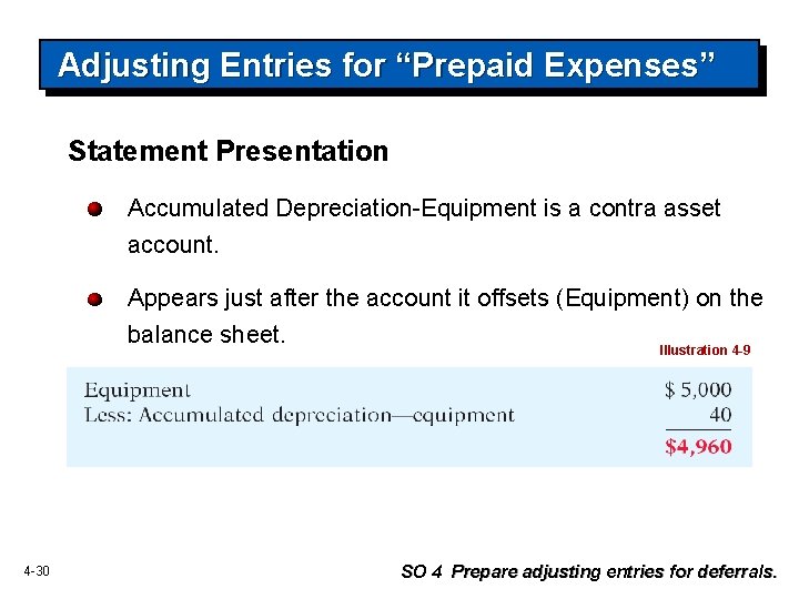 Adjusting Entries for “Prepaid Expenses” Statement Presentation Accumulated Depreciation-Equipment is a contra asset account.