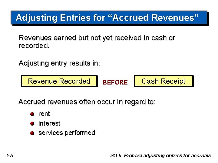 Adjusting Entries for “Accrued Revenues” Revenues earned but not yet received in cash or Adjusting Entries for “Accrued Revenues” Revenues earned but not yet received in cash or