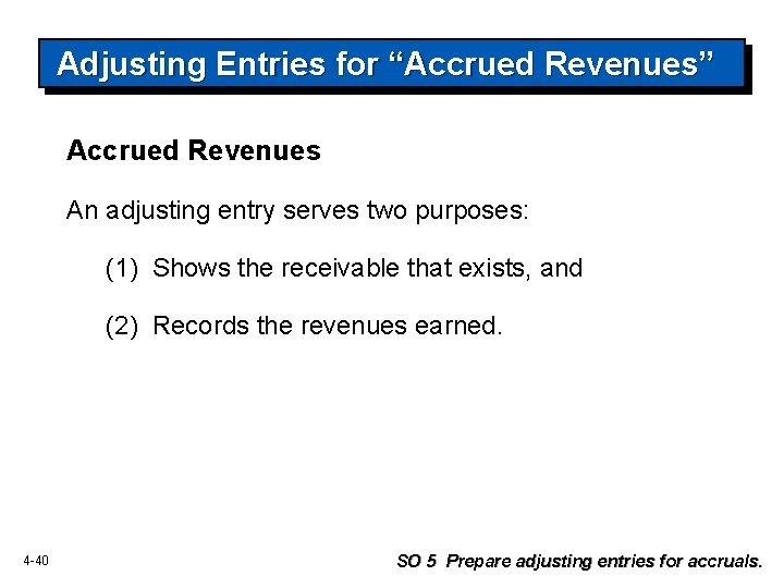 Adjusting Entries for “Accrued Revenues” Accrued Revenues An adjusting entry serves two purposes: (1) Adjusting Entries for “Accrued Revenues” Accrued Revenues An adjusting entry serves two purposes: (1)