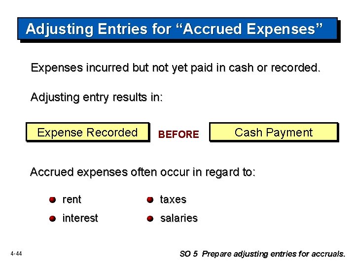 Adjusting Entries for “Accrued Expenses” Expenses incurred but not yet paid in cash or