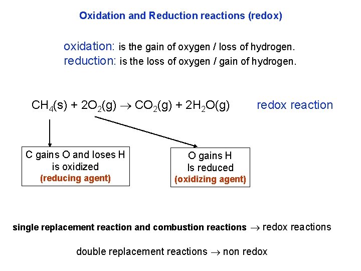 Oxidation and Reduction reactions (redox) oxidation: is the gain of oxygen / loss of