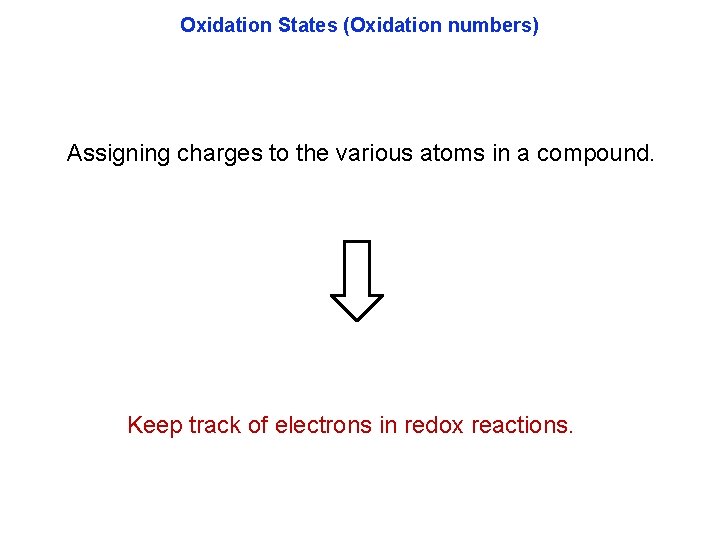 Oxidation States (Oxidation numbers) Assigning charges to the various atoms in a compound. Keep