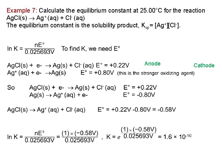 Example 7: Calculate the equilibrium constant at 25. 00°C for the reaction Ag. Cl(s)