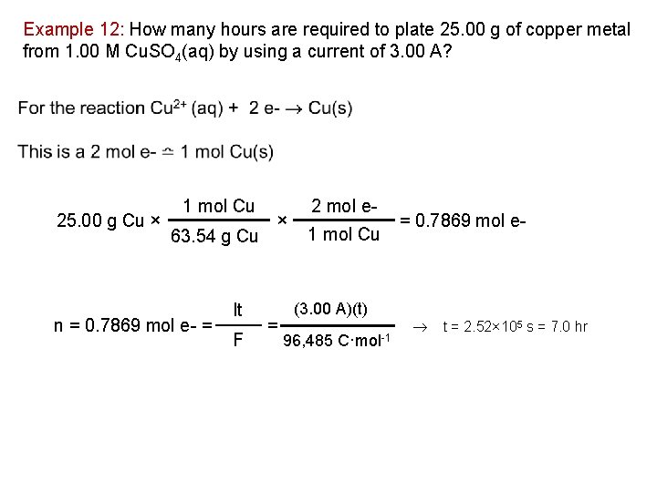 Example 12: How many hours are required to plate 25. 00 g of copper