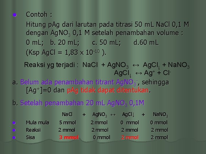 l Contoh : Hitung p. Ag dari larutan pada titrasi 50 m. L Na.