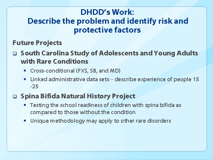 DHDD’s Work: Describe the problem and identify risk and protective factors Future Projects q