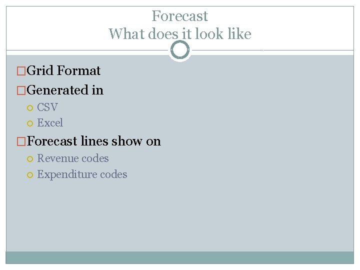 Forecast What does it look like �Grid Format �Generated in CSV Excel �Forecast lines