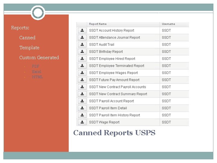 Reports: • Canned • Template • Custom Generated • • • PDF Excel HTML