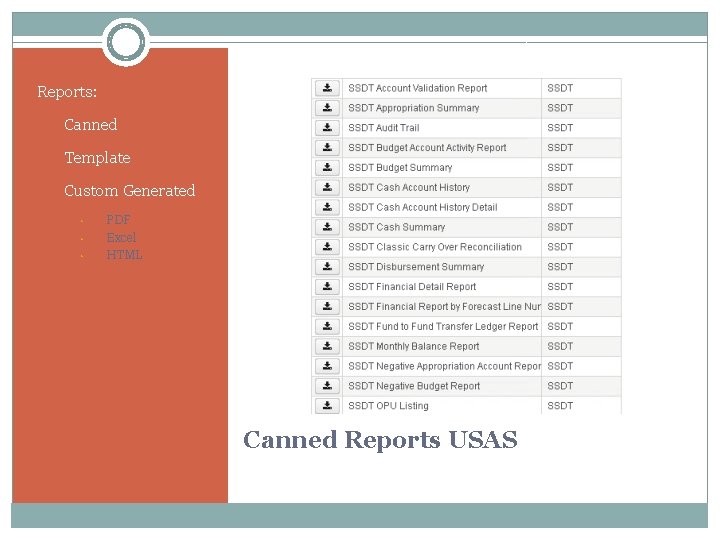 Reports: • Canned • Template • Custom Generated • • • PDF Excel HTML