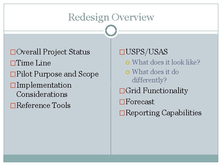 Redesign Overview �Overall Project Status �Time Line �Pilot Purpose and Scope �Implementation Considerations �Reference