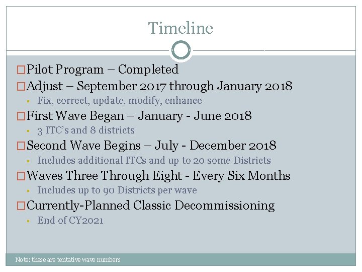Timeline �Pilot Program – Completed �Adjust – September 2017 through January 2018 § Fix,