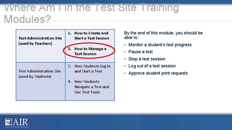 Where Am I in the Test Site Training Modules? Test Administration Site (used by