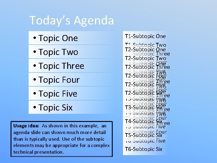 Today’s Agenda • Topic One • Topic Two • Topic Three • Topic Four