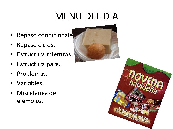 MENU DEL DIA • • Repaso condicionales. Repaso ciclos. Estructura mientras. Estructura para. Problemas.